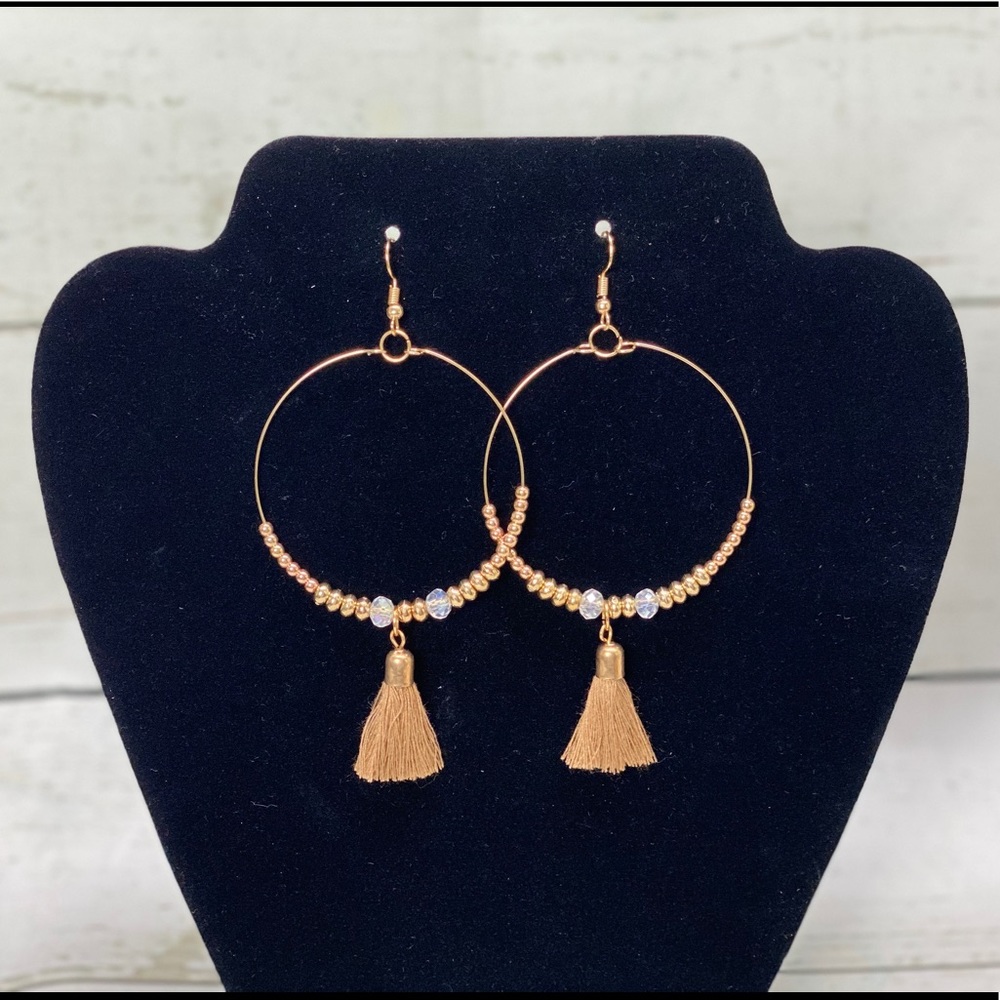 Women's Fringe Tassel Hoop Statement Earrings Tan